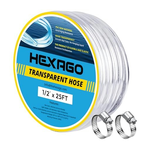 Hexago 1/2-inch x 25-Foot Clear PVC Tubing with 2 Clamps: $20.39 Hexago 1/2-inch x 25-Foot Clear PVC Tubing with 2 Clamps: $20.39