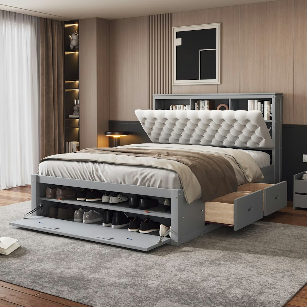 Euroco Wood Queen Platform Bed w/ Storage: $378 Euroco Wood Queen Platform Bed w/ Storage: $378