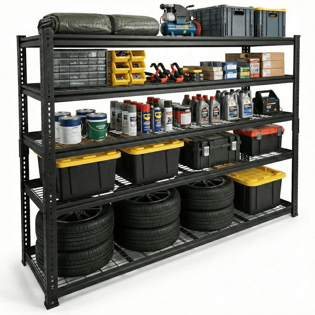 Rebrilliant Adjustable Heavy-Duty Metal 5-Tier Garage Shelving Unit: $174 Rebrilliant Adjustable Heavy-Duty Metal 5-Tier Garage Shelving Unit: $174
