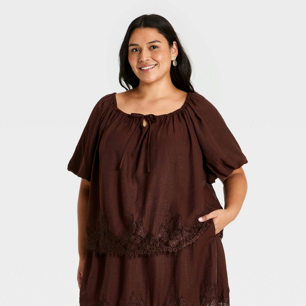 Ava & Viv Women's Plus Short Puff Sleeve Lace Trim Top: $28 Ava & Viv Women's Plus Short Puff Sleeve Lace Trim Top: $28