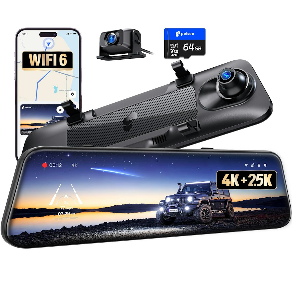 Pelsee S12 Native 4K + 2.5K Mirror Dash Cam w/ 64GB Card & GPS: $126
