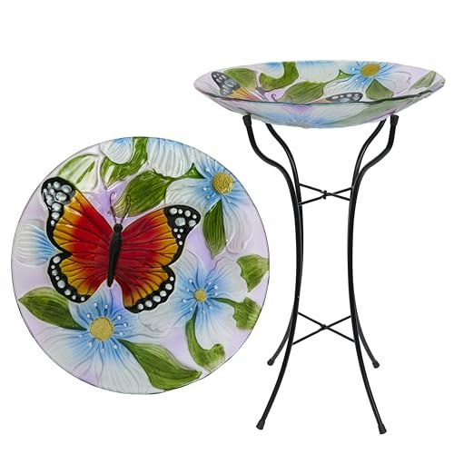 Alpine Corporation 26-inch Glass Floral Butterfly Birdbath: $62.08 Alpine Corporation 26-inch Glass Floral Butterfly Birdbath: $62.08