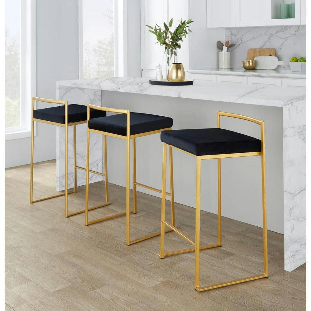 Fuji 27.75-inch Black Velvet and Gold Metal Stackable Counter Stool 3-Pack: $345 Fuji 27.75-inch Black Velvet and Gold Metal Stackable Counter Stool 3-Pack: $345