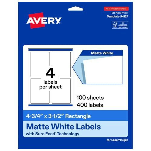 Avery 4.75" x 3.5" Matte White Rectangle Labels 400-Pack: $56.03