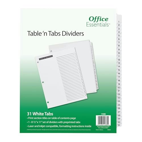 Office Essentials 1-31 Tab Table of Contents Dividers: $7.36 Office Essentials 1-31 Tab Table of Contents Dividers: $7.36