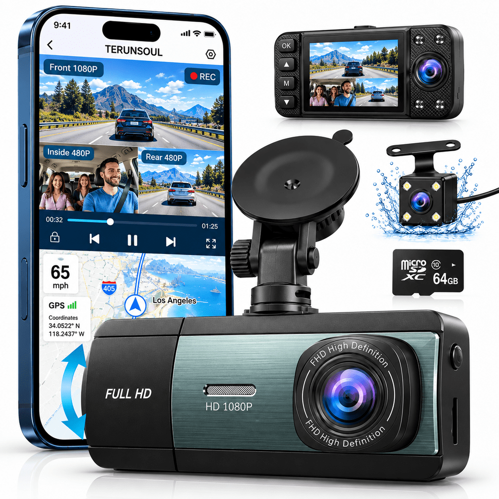 Terunsoul 3-Channel Front Rear and Inside Dash Cam: $43.99 Terunsoul 3-Channel Front Rear and Inside Dash Cam: $43.99