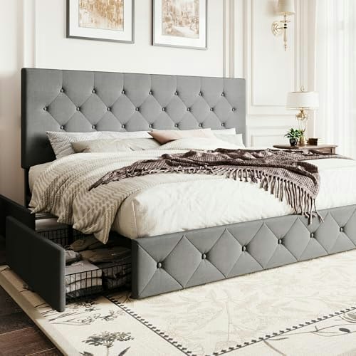 Sha Cerlin King Size Fabric Upholstered Platform Bed Frame with Storage Drawers: $289.99
