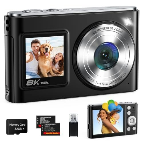 4K Digital Camera with Dual Screens 16X Zoom 32GB Card and 2 Batteries: $29.99