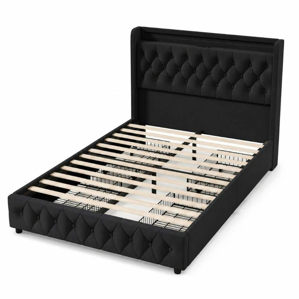 Full Size Button Tufted Linen Platform Bed with Storage and Charging Station: $414.99