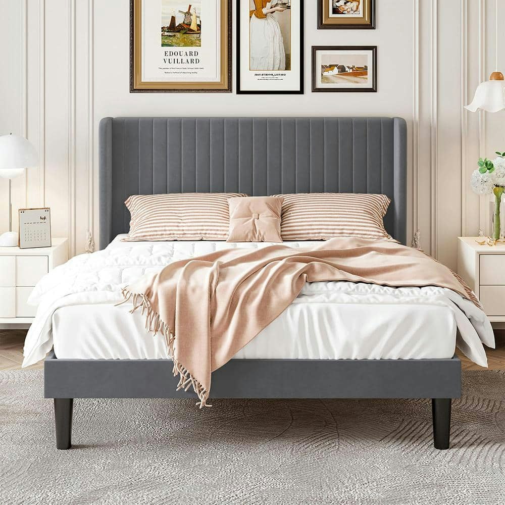 Full Size Gray Wooden Platform Bed Frame with Velvet Headboard: $569.99