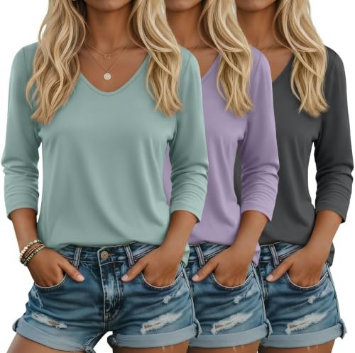 Huukeay Women's 3/4 Sleeve V-Neck Shirt 3-Pack: $32.29 Huukeay Women's 3/4 Sleeve V-Neck Shirt 3-Pack: $32.29