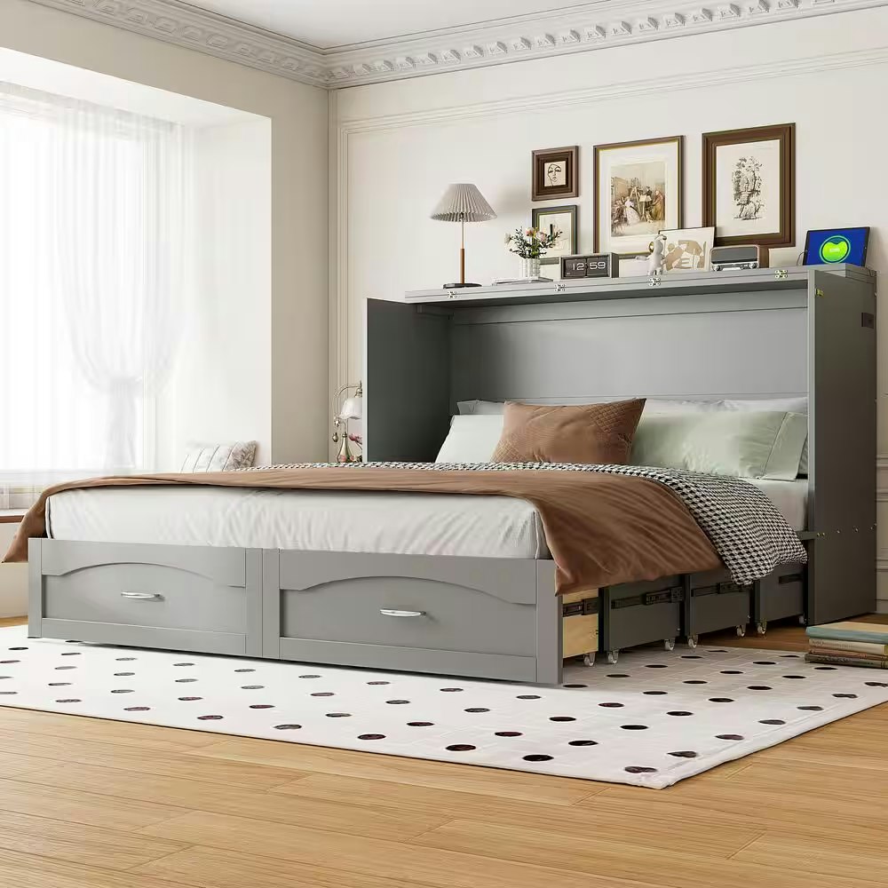 Harper & Bright Designs Gray Wood Frame Queen Murphy Bed w/ Charging Station and Drawers: $463