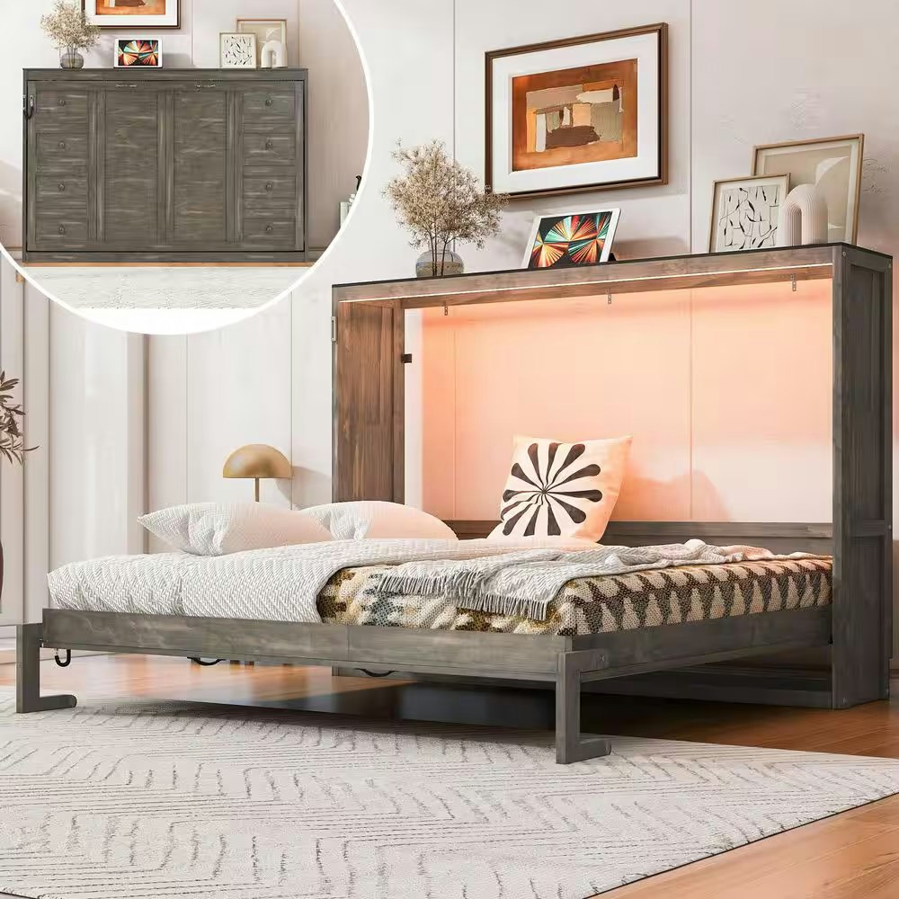 Harper & Bright Designs Brown Wood Frame Full Murphy Bed: $542
