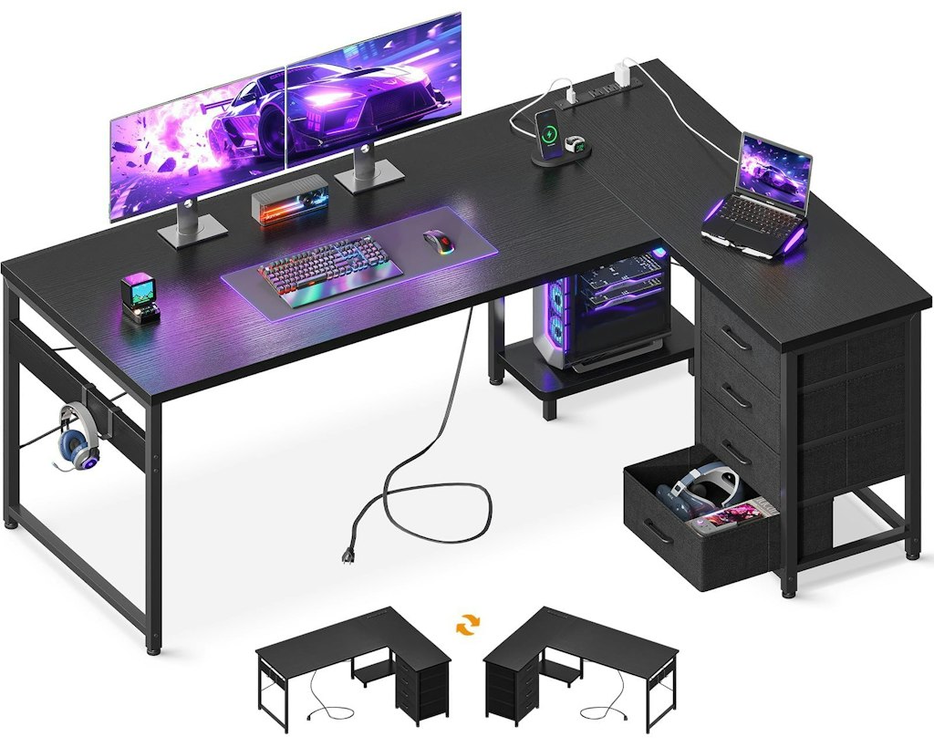 61" L-Shaped Gaming Desk w/ 4 Drawers & Power Outlets: $120