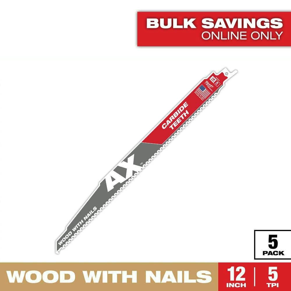 Milwaukee 12-inch 5 TPI AX Carbide Teeth Reciprocating Saw Blades 5-Pack: $61.47 Milwaukee 12-inch 5 TPI AX Carbide Teeth Reciprocating Saw Blades 5-Pack: $61.47