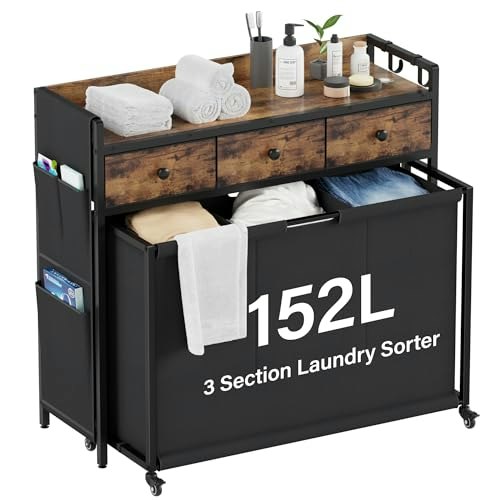 Saksun 3-Section Laundry Sorter with Wheels and Shelf: $73.14
