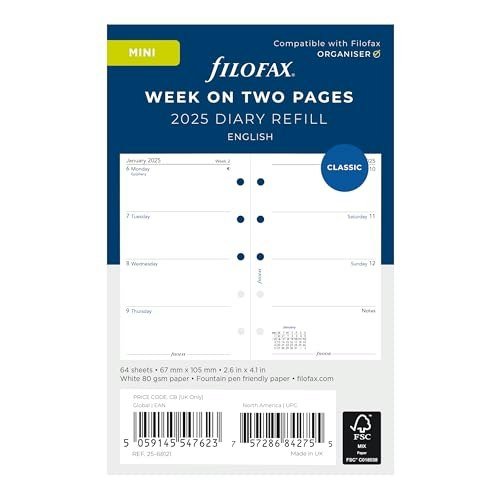 Filofax 2025 Mini Week-to-View Diary Refill: $6.64