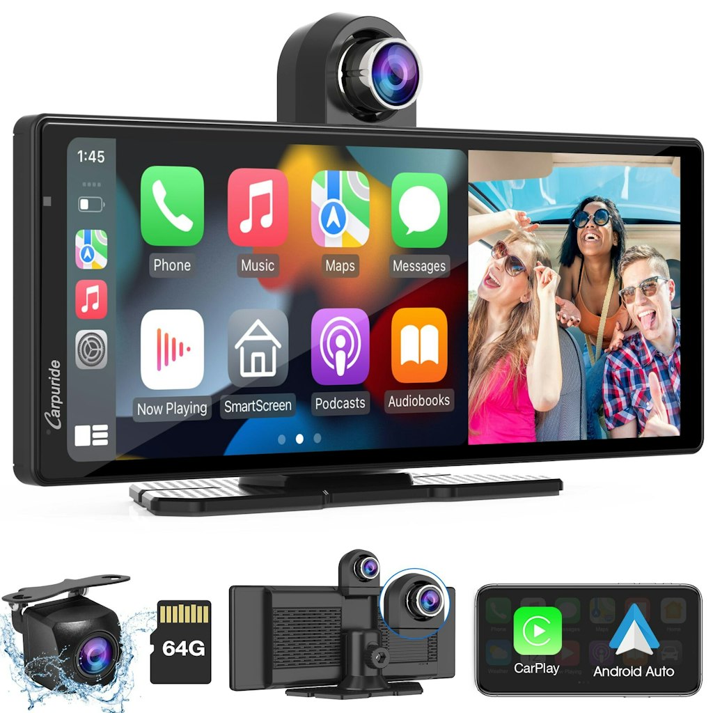 Carpuride 9.3" Wireless CarPlay & Android Auto Display w/ 4K Dual Dash Cam: $153