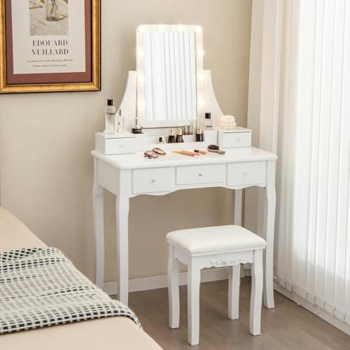 Charmaid Vanity Desk with Mirror, Lights, and Stool: $143.99