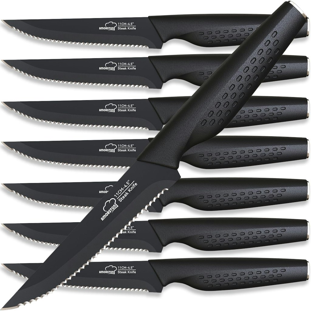 Amorston Serrated Stainless Steel 8-Piece Steak Knife Set: $15 Amorston Serrated Stainless Steel 8-Piece Steak Knife Set: $15