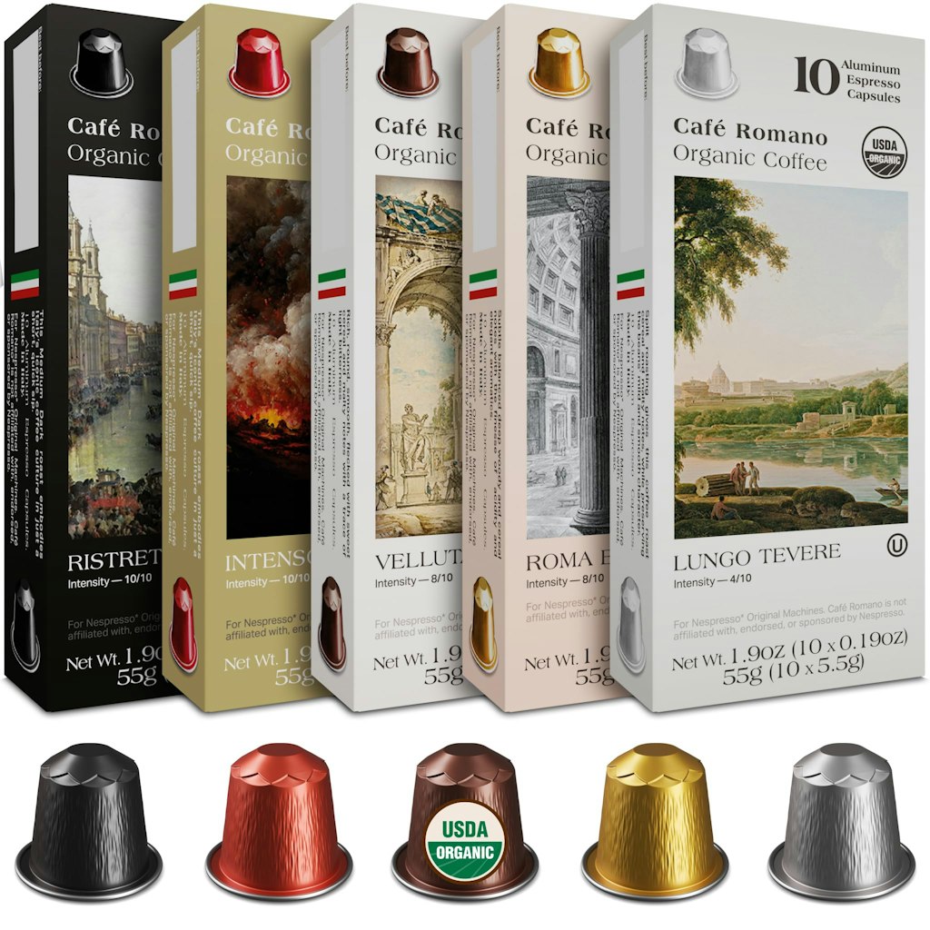 Café Romano Organic Aluminum Espresso Pods for Nespresso Original 100-Pack: $24