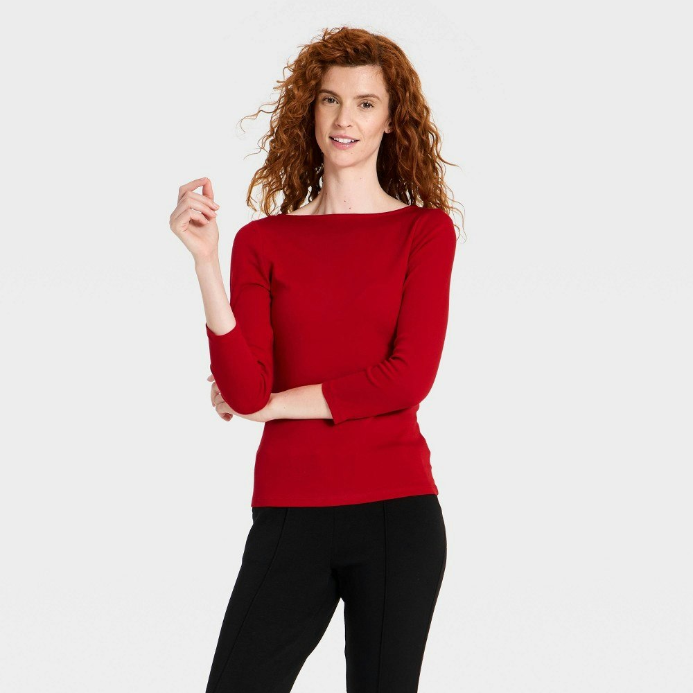 A New Day Women's Three-Quarter Sleeve Ribbed Boat Neck Top: $12
